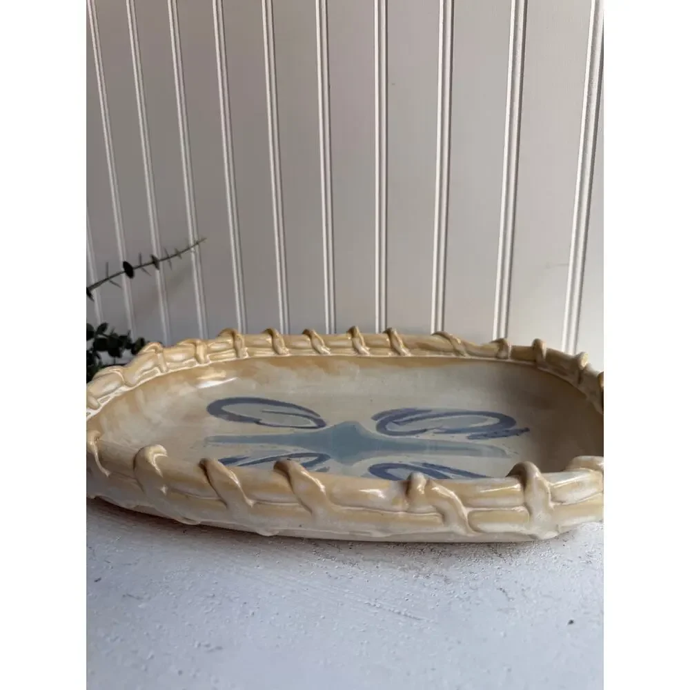 Handmade Ceramic Basket-Weave Tray | Artist Signed Pottery Blue Abstract Motif